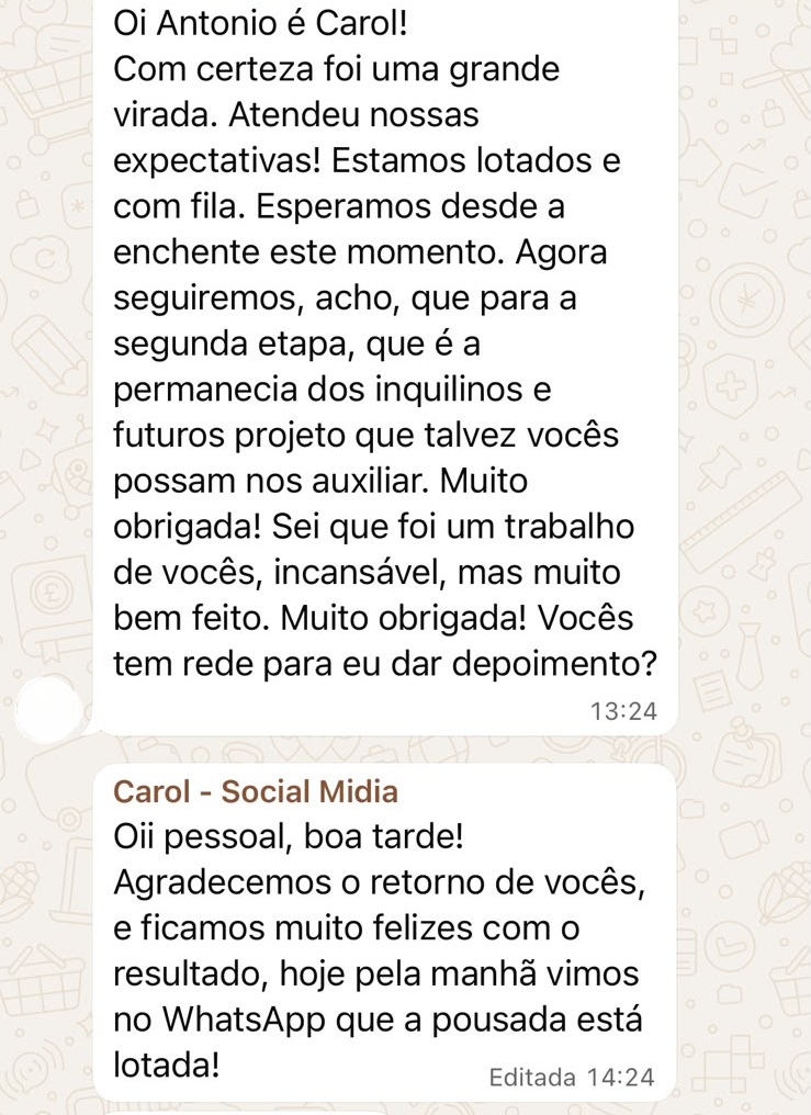 Print de WhatsApp: cliente agradece — estamos lotados e com fila