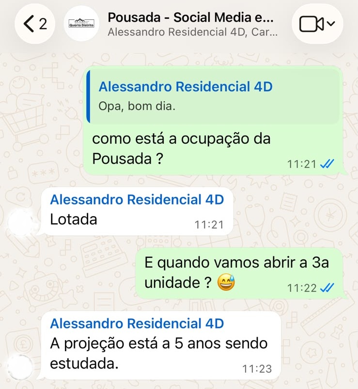 Print de WhatsApp: cliente responde que a pousada está lotada